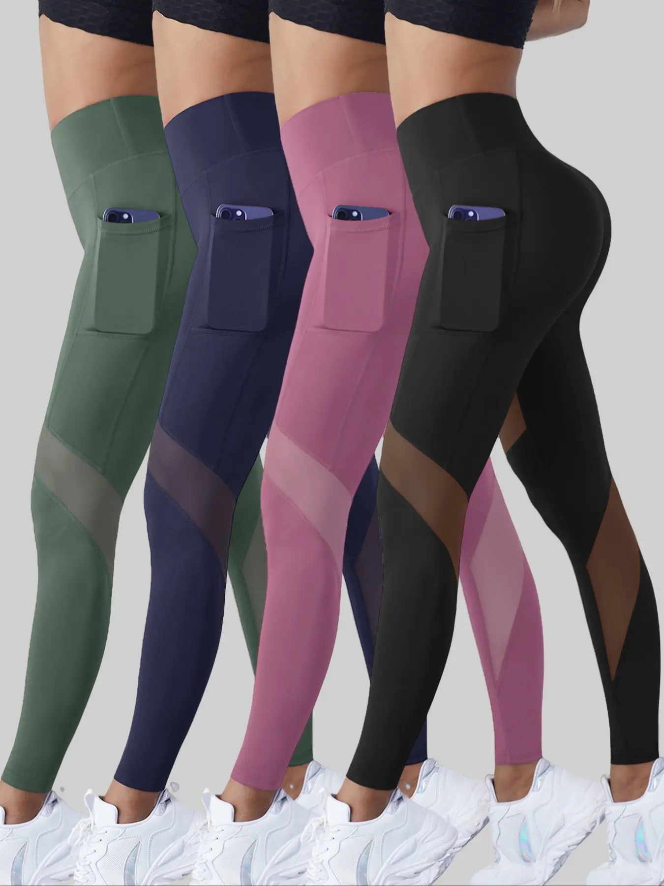 4PCS Women's High Waist Sheer Sports Tummy Control Leggings, High Waisted Leggings, Comfortable Square Pockets Skinny Pants, High Stretch Seamless Yoga Legging, Ladies Sportswear Clothing, Yoga Bottoms