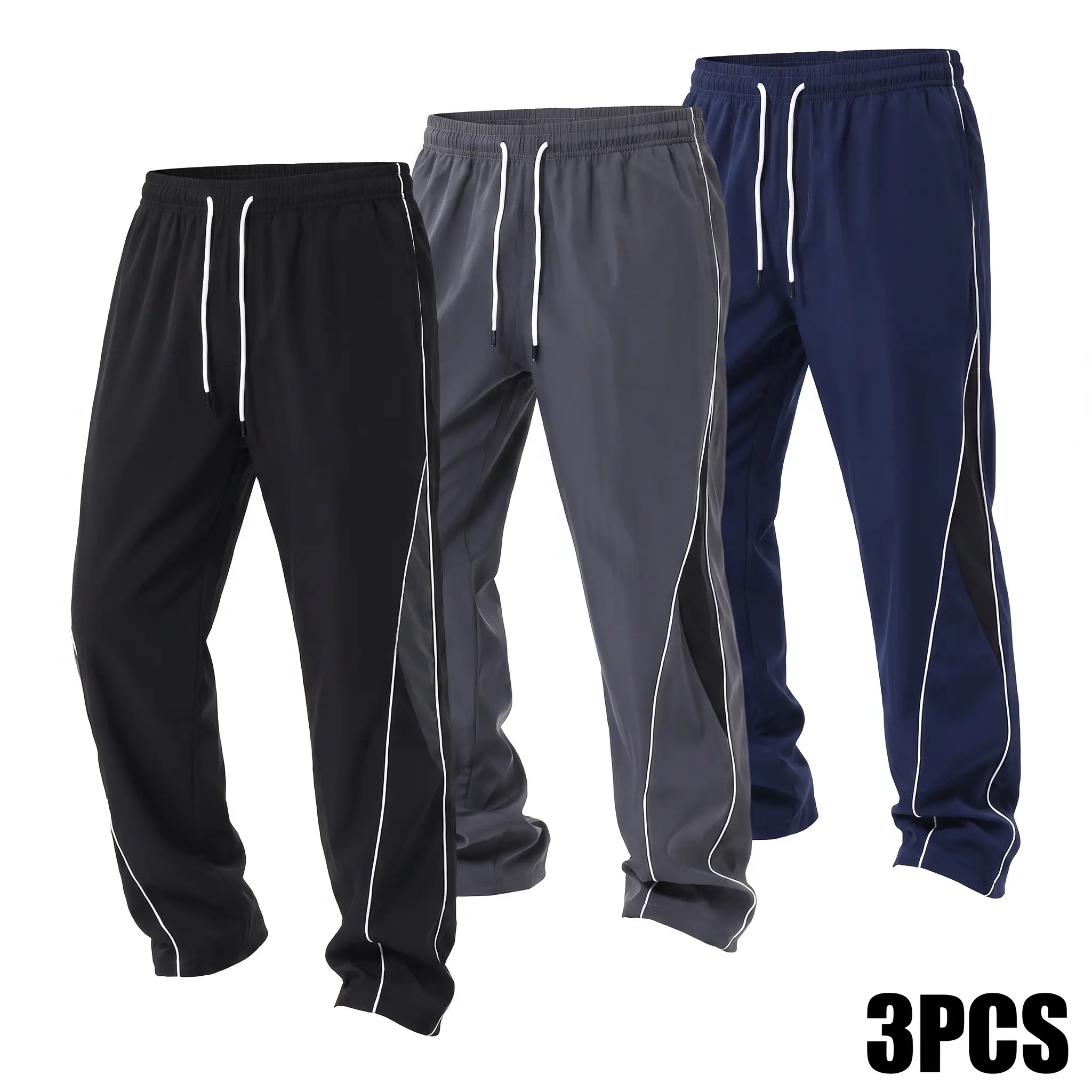 3-pack men’s American street-style casual loose wide-leg athletic pants, straight-cut dance pants, versatile high-street casual design with side stripes and a fluid drape, long pants