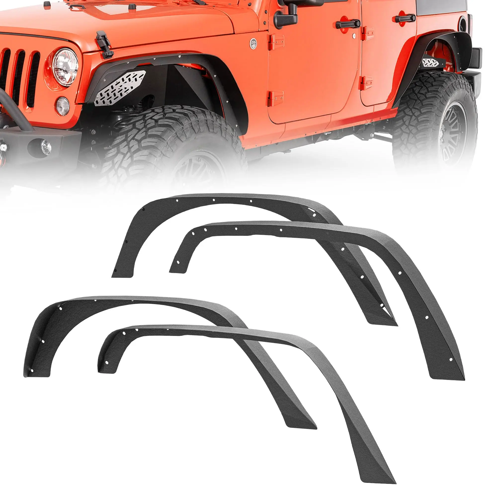【Yzona】Full 4-Pieces Stainless Steel Heavy-Duty Off-Road Automotive Fender Flares Protector Kit, Textured Black Finish, Front & Rear Accessories for 2007-2018 Jeep Wrangler JK JKU Unlimited 2/4 Doors, Lifetime Support