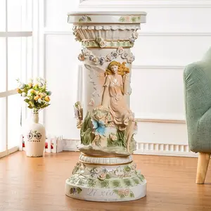 33" Luxury Vintage Roman Column Pedestal, Hand-Painted Resin Plant Stand with Fairy Relief for Home Decor