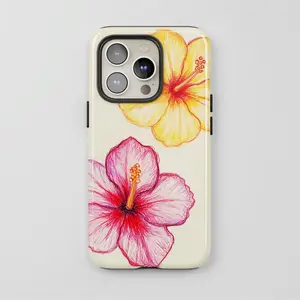 Pink & Yellow Hibiscus Phone Case, Summer Aesthetic Phone Cover for Phone Model 16, 15, 14, 13, 12, 11, 12, 13, 14, 15, 16 Pro Max 2-IN-1 design, anti-slip and anti-fall Double impact resistance