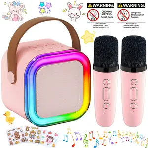 Mini Karaoke Machine for Kids Adults, Portable Bluetooth Singing Speaker with 2 Mics, 5 Voice Changer Effects, LED Ambient Lights, Rechargeable Battery & DIY Cartoon Stickers, Family Karaoke System for Home Party Outdoor Camping