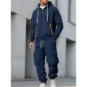 Men's Winter Tech Fleece Hoodie and Sweatpants Set, Multi-Pocket Zipper Drawstring, Comfortable Casual Wear, Unisex Fashion Warm Clothing