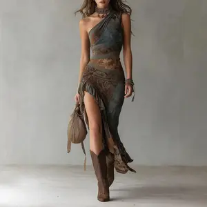 Bohemian Western Dresses for Women 2026 - One Shoulder High Slit Maxi Sundress, Boho Ruffle Asymmetrical Casual Summer Dress, Graduation Dress, Prom Dress, Wedding Guest Dresses | Cowgirl, Festival, Concert, Beach Vacation