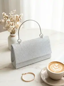 Elegant Silver Color Glitter Top Handle Envelope Clutch Bag, Sparkly Evening Handbag for Wedding, Prom & Party, Plain Style