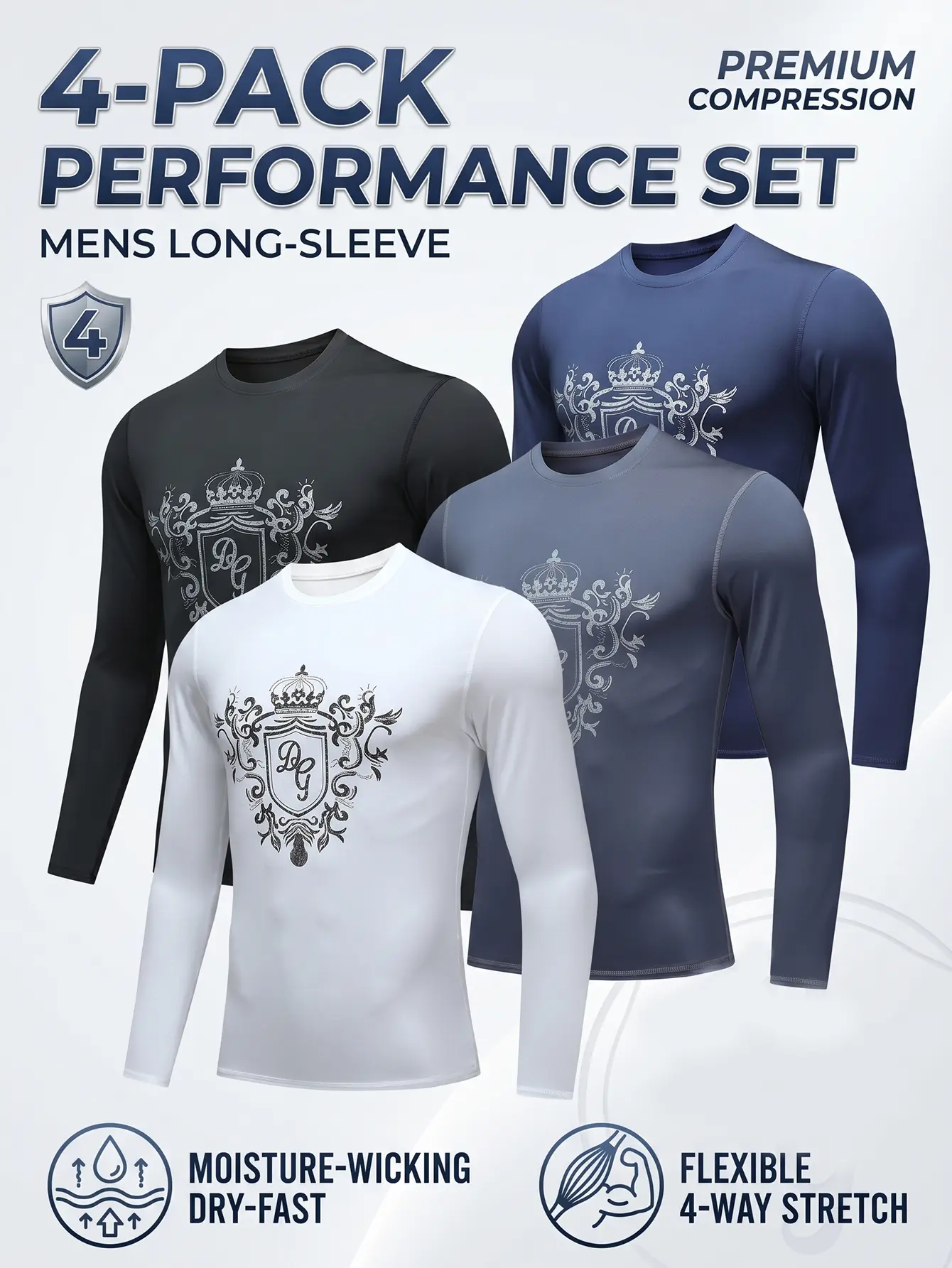 Men's 4-Piece Compression Long-Sleeve Set - Moisture-Wicking Compression Top - 4-Way Stretch Athletic Base Layer - Suitable for Daily Wear and Workouts outdoorfun