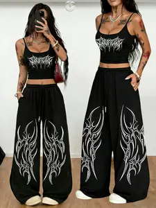 2026 Trending Black Two-Piece Set - "Deathcore Tribal" Dark Streetwear, Breathable Soft Fabric Ideal for Concerts & Metal Events, Must-Have for Metal & Edgy Style Enthusiasts