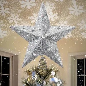 LED Snowflake Projector Star Christmas Tree Topper, 11.3'' Golden Glittered Star Treetop Lighted Rotating Snow Flake for Christmas Tree Decoration, Ideal as LED Night Light Projector for Children Gift Motor