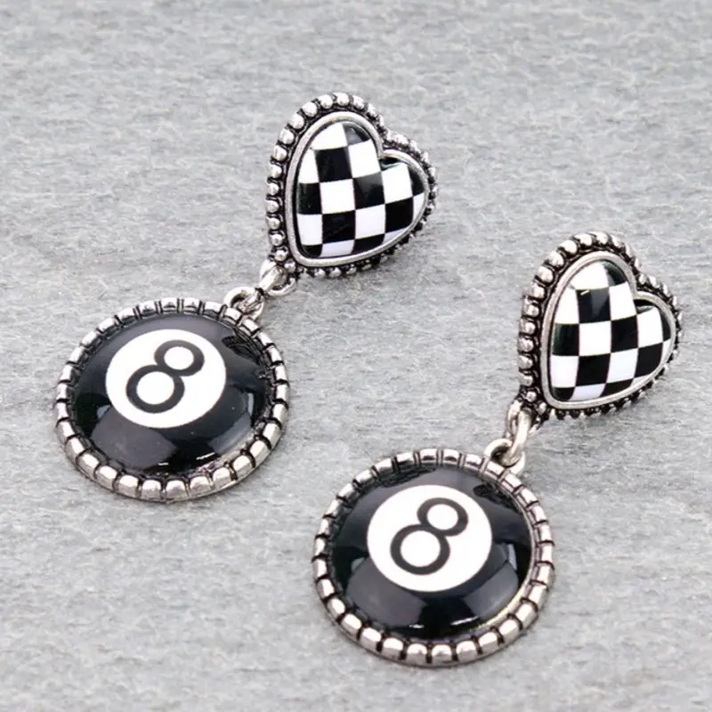8 Ball Checker Earrings - Black and White Checker Design with Black Number 8 - Elegant and Unique Style