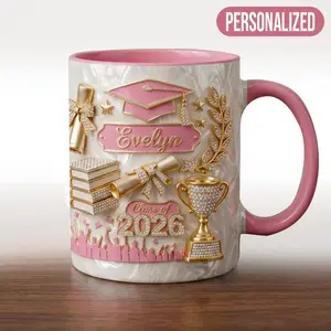 Personalized Graduation Mug 2D Printed 3D Effect Faux 3D Coffee Cup Custom Name Elegant Design for Class of 2026 Graduates Graduation Gift for Her Celebration Keepsake Gift Idea Special Present