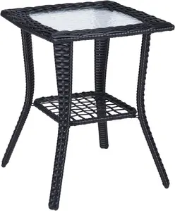 VINGLI Outdoor Side Table with Storage Wicker Patio Side Table, Tempered Glass Top End Table for Balcony Porch Deck