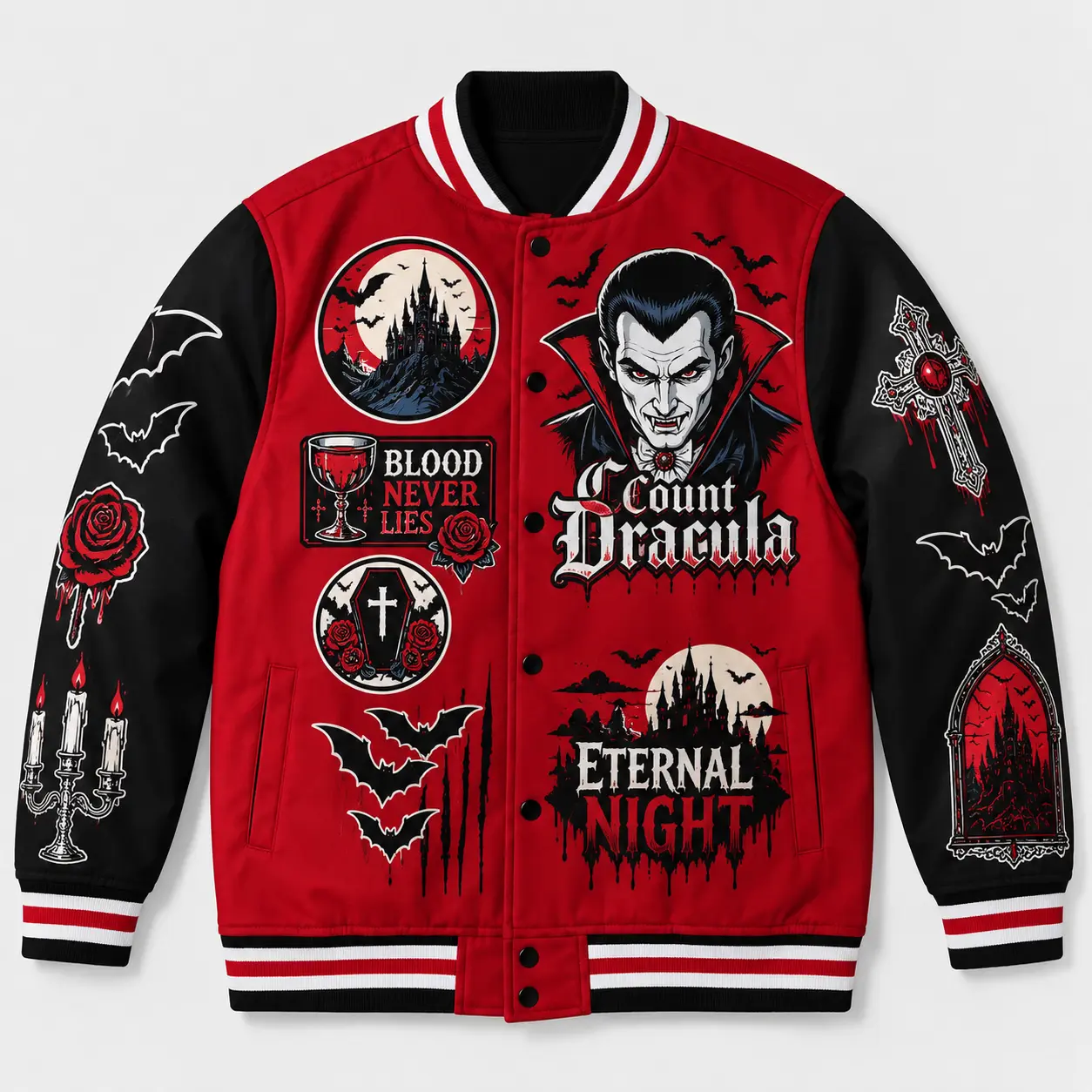 Count Dracula Varsity DIEUAI Jacket, All-Over Printed Graphic Vampire Gothic Horror Apparel