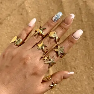 Vintage S Rings For Women Gold Color Stainless Steel Starfish Conch Adjustable Finger Ring Summer Ocean Beach Party Jewelry