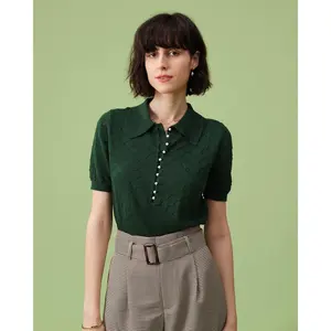 rihoas Women's Chic Green Short-Sleeve Cotton Soft Knit Top - Basic Casual Minimalist, Stretchy Solid Fabric, Textured Lapel, Button Accent, Polo-Inspired Design