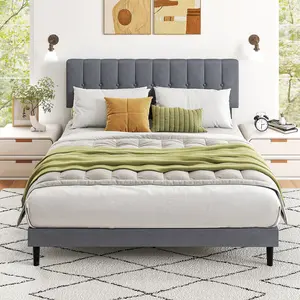 Full Size Platform Bed - Fabric Upholstered Sturdy Wood Slats No Box Spring Needed Modern Design with Upholstery