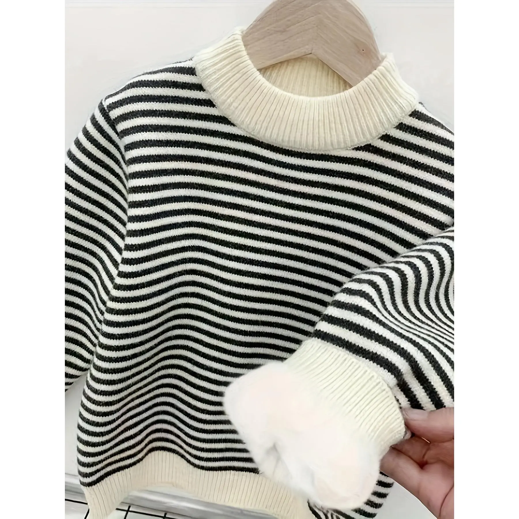 Boys' Striped Knit Sweater - Soft Stretchy Long Sleeve Round Neck Pullover, Machine Washable Black & White Stripes for Autumn Winter, Casual & Formal Wear, Winter Kids Clothing, Classic Round Neck, Comfortable Fit