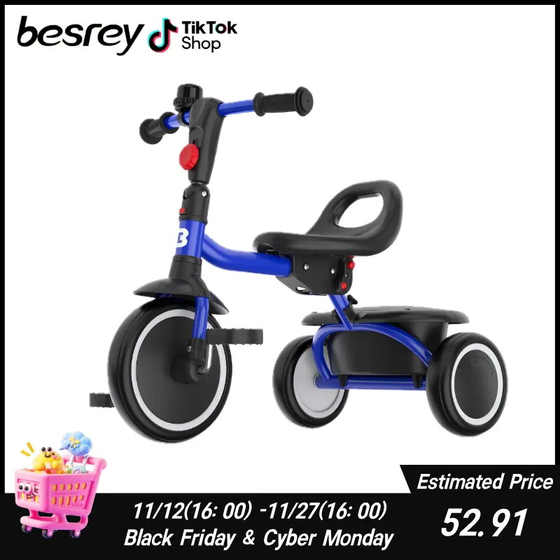 Besrey 3 in 1 Kids Tricycle for 18 Months to 5 YearsAdjustable Seat and Pedals with Bell Silent Wheels Storage Pink Yellow Blue Green Birthday Gift Toddler Balance Bike