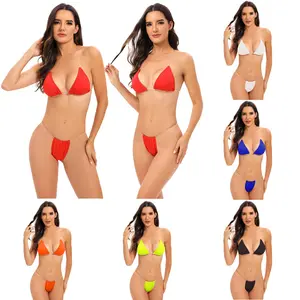 2026 Women's Solid Color Gathered Bikini Sheer Strap Sexy Summer Beach Swimwear in Vibrant Colors