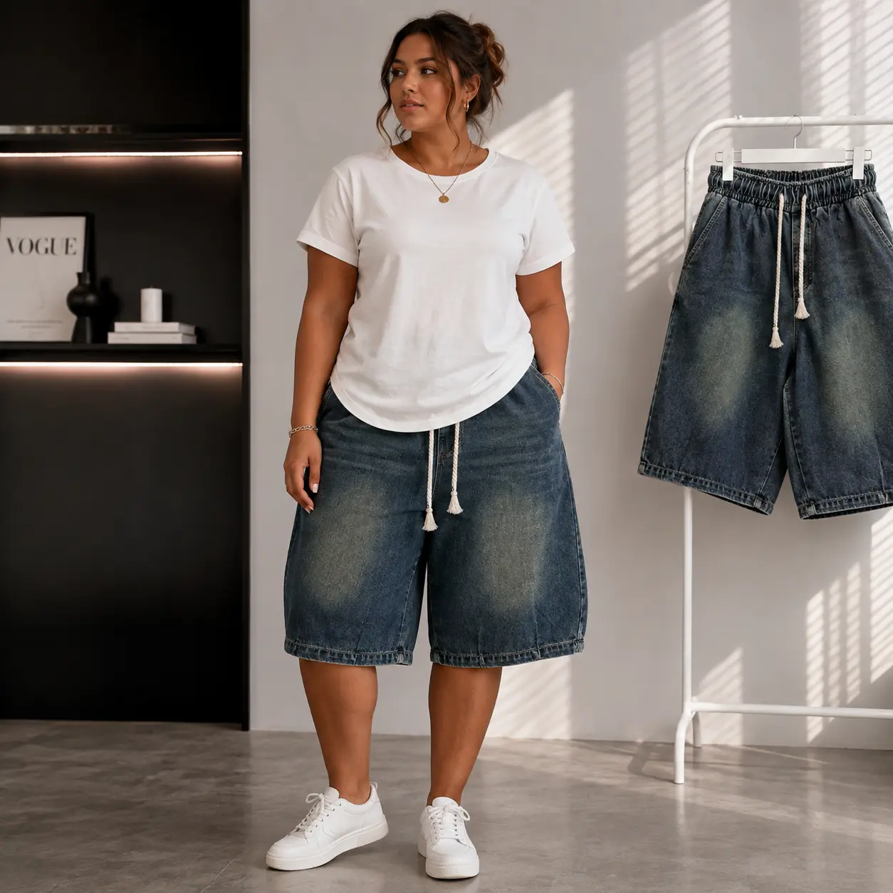 NYAKWEBA STORE Women's High Waisted Knee Length Denim Shorts - Baggy Drawstring Elastic Waist Bermuda Jean Shorts - Loose Fit Soft Washed Casual Jorts