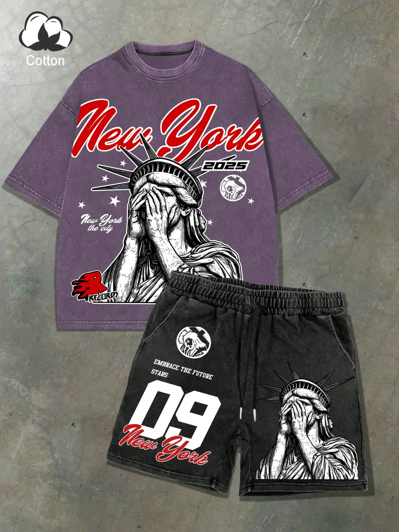 Men's Statue of Liberty Print Tee & Shorts Pyjama, Regular Fit Casual Comfy Round Neck Short Sleeve T-Shirt & Shorts PJ Set, Men's Sleepwear for Summer Casual Loungewear Outfit Pajamas
