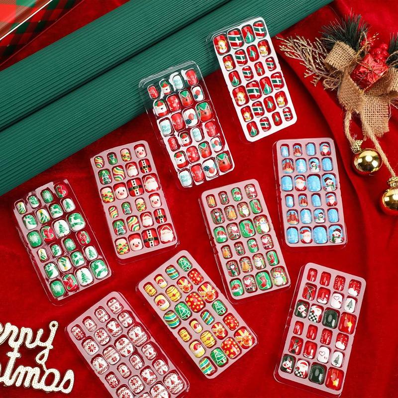 216 Pieces Kids Christmas Press On Nails 9 Pack Full Cover Short Stick On Fake Nails for Girls Cute Holiday Nail Art for Party Favors and Gifts