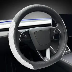 Leather Steering Wheel Cover. Elegant Diamond Checkered Design, Non-Slip and Breathable, for Tesla Model 3/Y Steering Wheel Protector,Black White