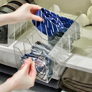 Belt and tie storage box. Transparent stackable belt rack, suitable for wardrobe drawer storage - 5 compartments with removable dividers, multi-purpose display box with inserts, can store ties, socks, underwear, face masks.