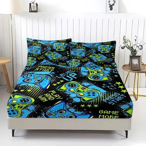 3Pcs Gaming Controller Pattern Fitted Sheet Set, Colorful Game Controller Illustrations Bedding Set, Fun Text Elements and Dynamic Stars, Perfect for Gamer's Bedroom Decor and Energetic Vibes,Includes 2 pillowcases (pillow inserts not included).