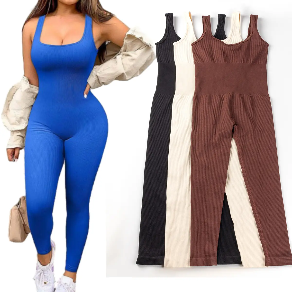 Women's Autumn Winter Sleeveless Square Collar Long Knit Solid Overalls - 90% Nylon+10% Spandex Fabric, Comfortable, Thick, Impermeable, Washable, Reusable, Suitable for Fitness, Pilates, Yoga, Jumpsuits For Women, High Stretch Solid Color Jumpsuit Black,
