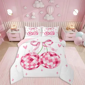 Dreamy Ribbon Bow Comforter Set,Western Disco Ball Bedding for Girls Bow Lover,Cartoon Love Hearts Down Comforter,Kawaii Stars Duvet Insert