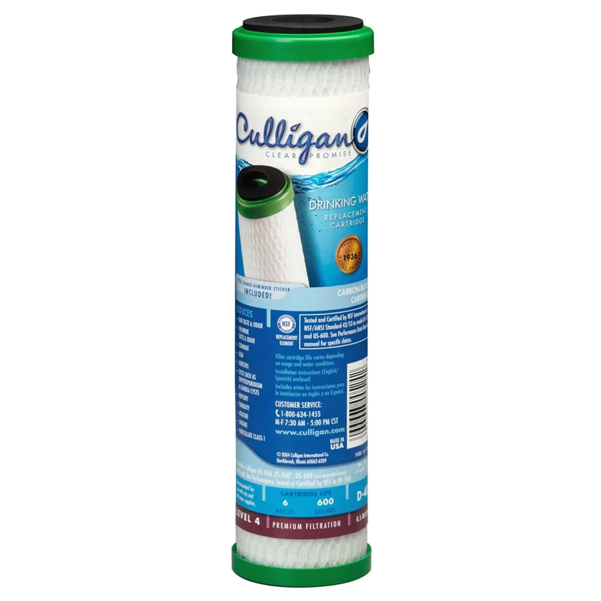 Culligan D40-A Activated Carbon Drinking Water Filter Cartridge - 0.5 Micron Filtration, Removes Asbestos & Lead, Reduces Bad Taste & Odors, 600 Gal/6-Month Filter Life for Household Kitchen Appliances & Ice Makers