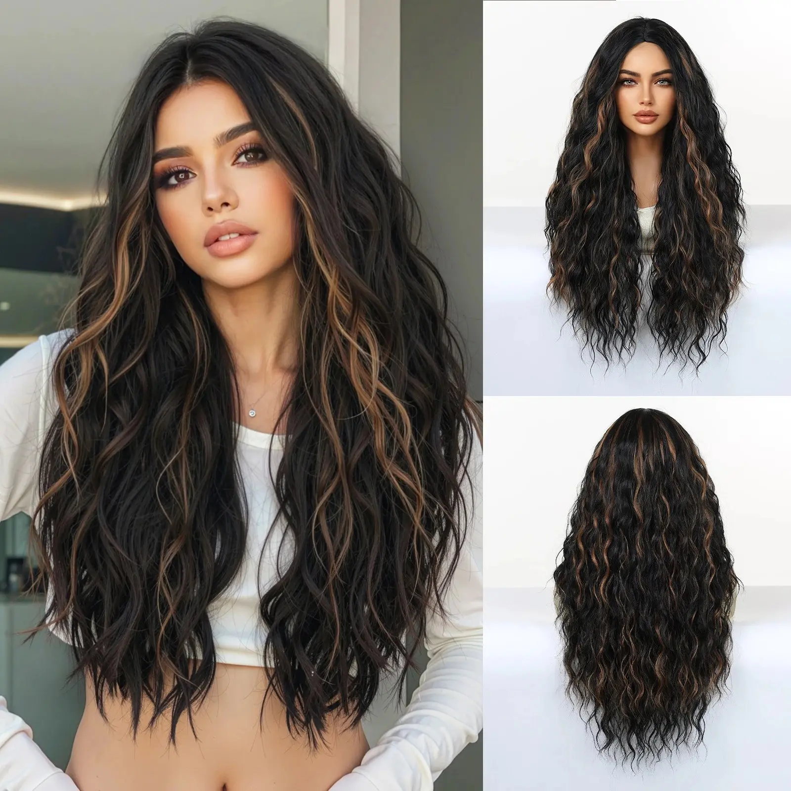 Long Water Wave Full Machine Made Wig, 28" Super Long Curly Hair Wig for Women, Fixed Middle Part Glueless Wear & Go, Heat Resistant Dark Brown Daily Wig