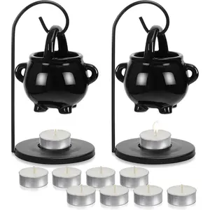 2 count Hanging Cauldron Pagan Oil Burner with Handle Lid 10 count White  Lights Candles Halloween Christmas Wax Warmer Witches  Home Black Gothic Home Decor Diffuser Ceramic Witches Cauldron