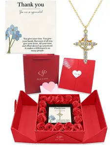 Thank Her Gift Set, 16 Eternal Flowers Luxury Box, Rotating Crown Cross Pendant Necklace, Thank You Card & Gift Bag Included
