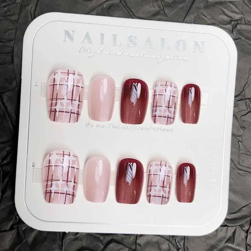 10Pcs French Fingertip Grid Cat Eye Press on Nails Temperament Fake Nails Shining Pink Fake Nails Nail Art Detachable Nail Tips