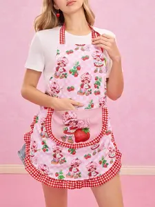 Strawberry Shortcake 1pc Cute Lace Strawberry Print Half Apron for Cooking and Baking Pink Gingham Design