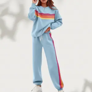 Women's Oversize Rainbow Color Block Hoodie & Wide Leg Pants Set, Polyester, Relaxed Fit, Elastic Waist, Distressed Stripes, Washed Effect, Raw Hem, Soft Fabric