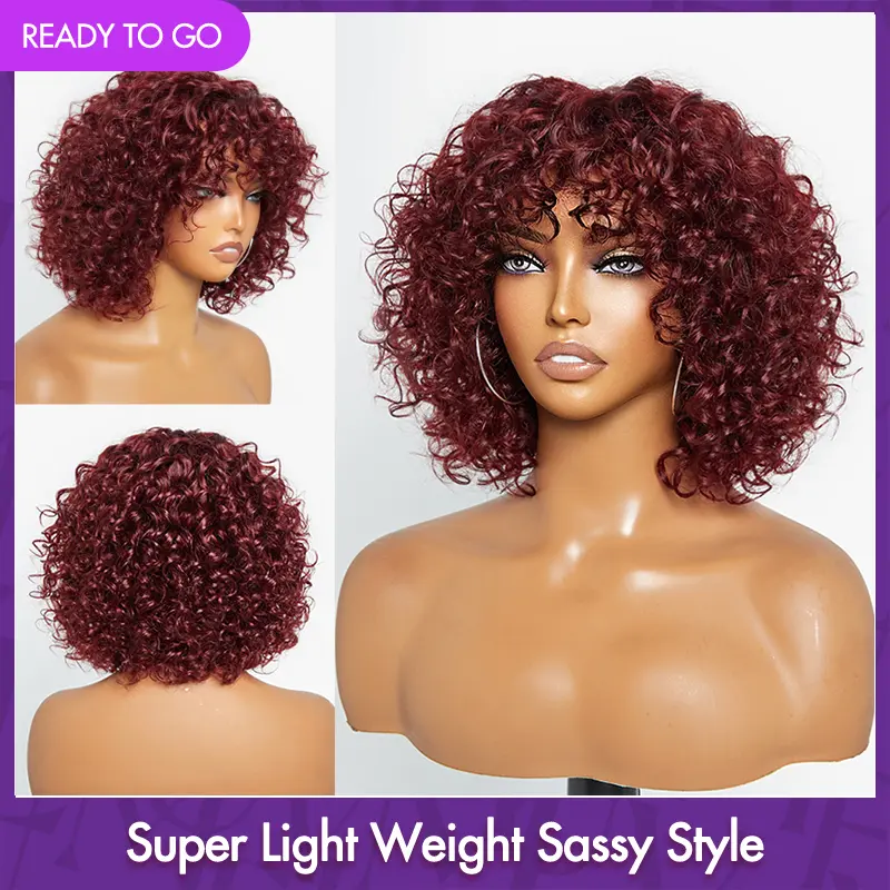 Luvme Human Hair Lace Front Curly Wig, Beginner-Friendly Dark Red Water Wave Glueless Minimalist Lace Wig With Bangs, Wave Print Human Hair Lace Front Wigs