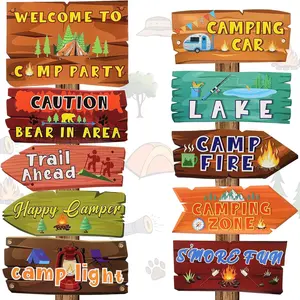 Camping Party Sign Camping Party Themed Directional Signs Camper Welcome Yard Outdoor Wall Sign Party Supplies Photo Props Backdrop Decoration Decor(20 Pcs,Card Stock)