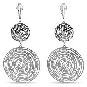 Silver Double Swirl Circles Clip On Dangling Earrings