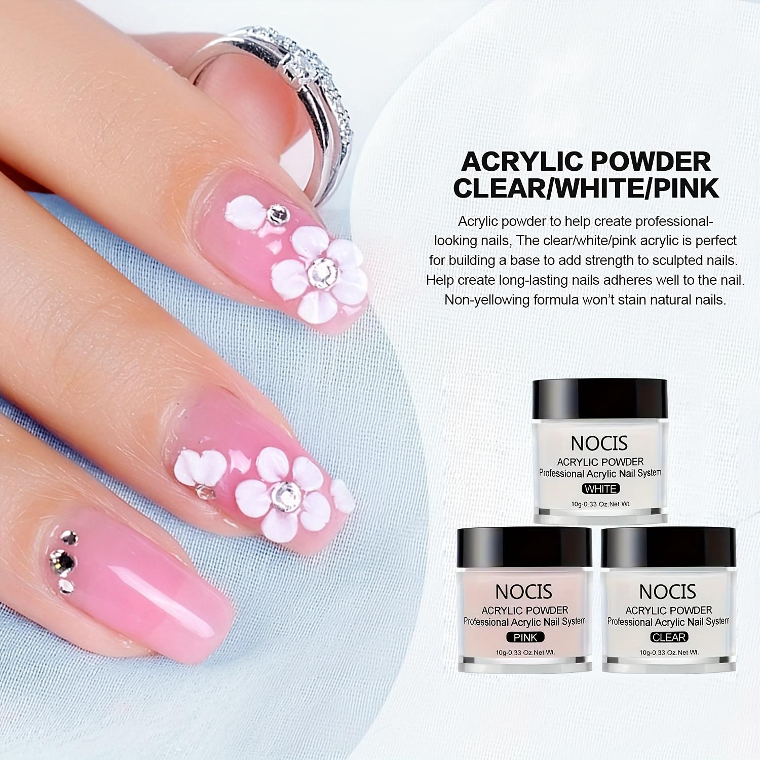 3Pcs Acrylic Powder Set Professional Acrylic Nail Kit with Liquid Monomer Nail Brushes Clear Pink White Acrylic Powder for Nail Extension Carving 3D Nail Art DIY Salon