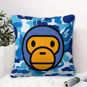 Cute Monkey Blue Camo Plush Cushion with Inner, 45cm Square Zippered Pillow Throw, Blue-White Camouflage with Large Cartoon Monkey Image, Soft & Cozy, Perfect for Bedroom Decor, Ideal Gift for Kids & Adults