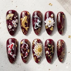 Luxury Oriental Red Koi Fish Press On Nails Set, 3D Golden Fan & Cherry Blossom Art, Traditional Asian Style Custom False Nails