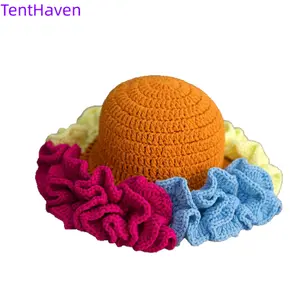 2026 color striped ruffle edge knitted hat with multiple colors, European and American style handmade knitted hat, gradient woolen hat