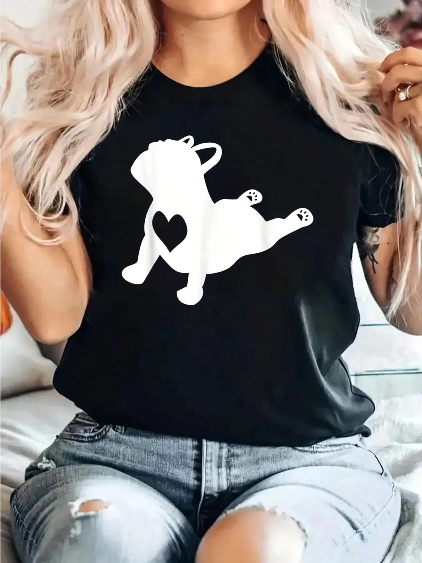Women's Frenchie Yoga Love Heart T-Shirt, 100% Cotton Loose Fit Short Sleeve Round Neck Top, Comfortable Workout & Daily Wear Gift, Shortsleeve, Tshirt, Style, Casual, Jackets