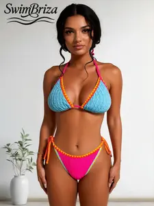 Briza｜Textured Triangle Halter Colorblock Bikini Sets In Aqua Blue And Hot Pink Bring A Two-Piece Swimsuit Look With Tie-Side Bottoms, Swimsuits 2 Piece Bathing Suit Women Set, Vacation Swimwear For Women And Brazilian Bikinis For Beach