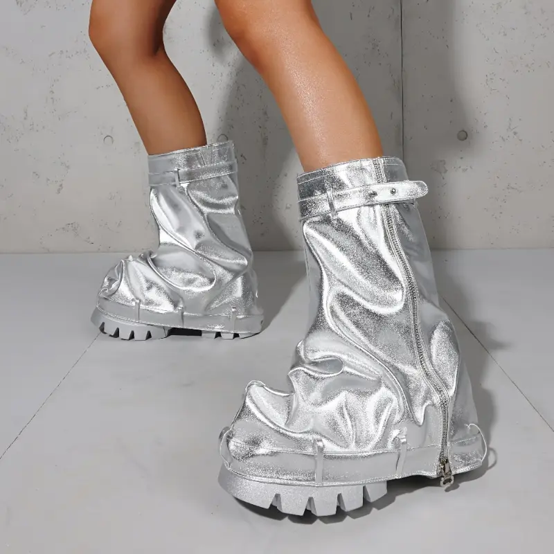 Women's Glitter Platform Boots - Slip-On Shoe, Comfy Footwear with Fold-Over Stacked Design, Rubber Sole for Fashion Shows, Carnivals