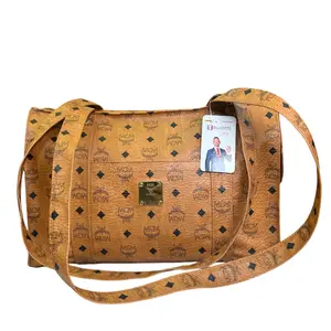 Pre-owned MCM Coated Canvas Shoulder Bags Viestos Cognac & Black Shopper Medium Tote Coated Canvas