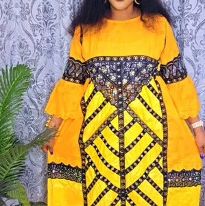 Yellow bazin dress mix with cotton lace embroidery Elegant African style for women 3pcs sets size L and xl