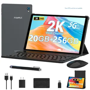 POWMUS Gray Android 14 Tablet - 10.36 Inch 2K Screen, 20(8+12)GB RAM, 256GB Storage, Octa-Core, Dual Cameras, 8000mAh Battery, Keyboard & Accessories
